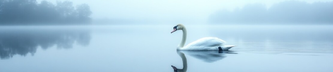 Fototapeta premium Serene swan on foggy lake, tranquil nature scene, peaceful background