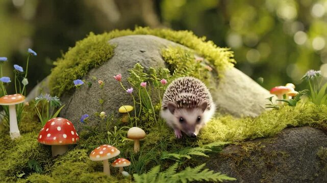 Hedgehog sniffing around mossy rock in backyard garden