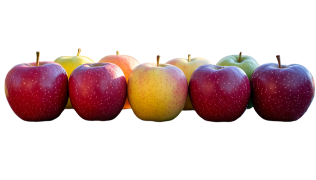Row of Red Yellow and Green Apples on Black Background