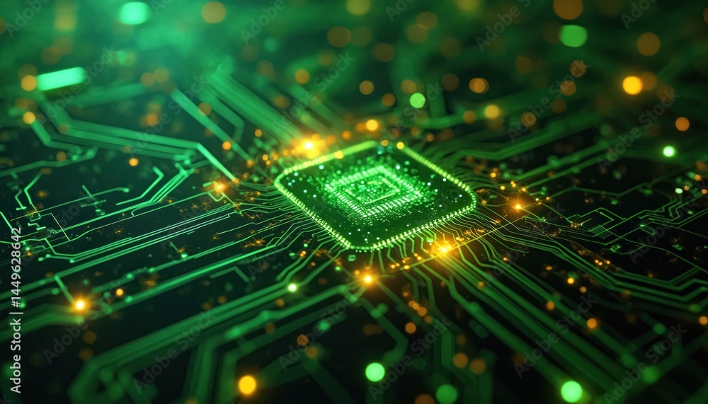 Poster abstract illustration of futuristic circuit board with glowing green and yellow nodes. electronic ci