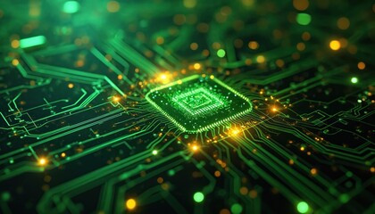 Obraz premium Abstract illustration of futuristic circuit board with glowing green and yellow nodes. Electronic circuitry network design pulsating with energy data flow. Concept of high tech innovations.
