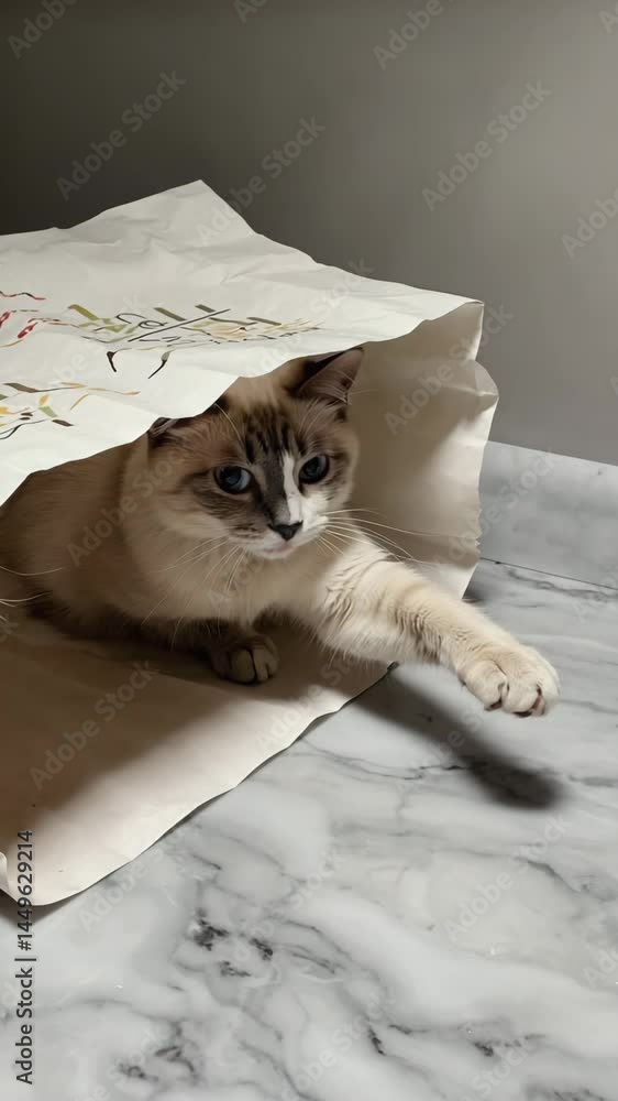 Poster cat hiding inside paper bag with one paw stretched out.