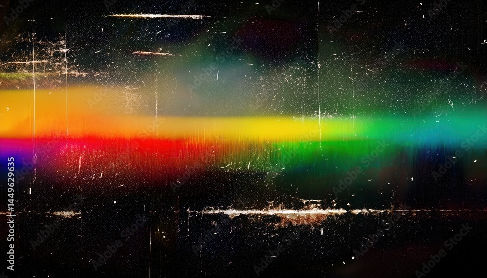 Poster vibrant abstract glitch texture with rainbow light streaks on grunge background for web design, digi