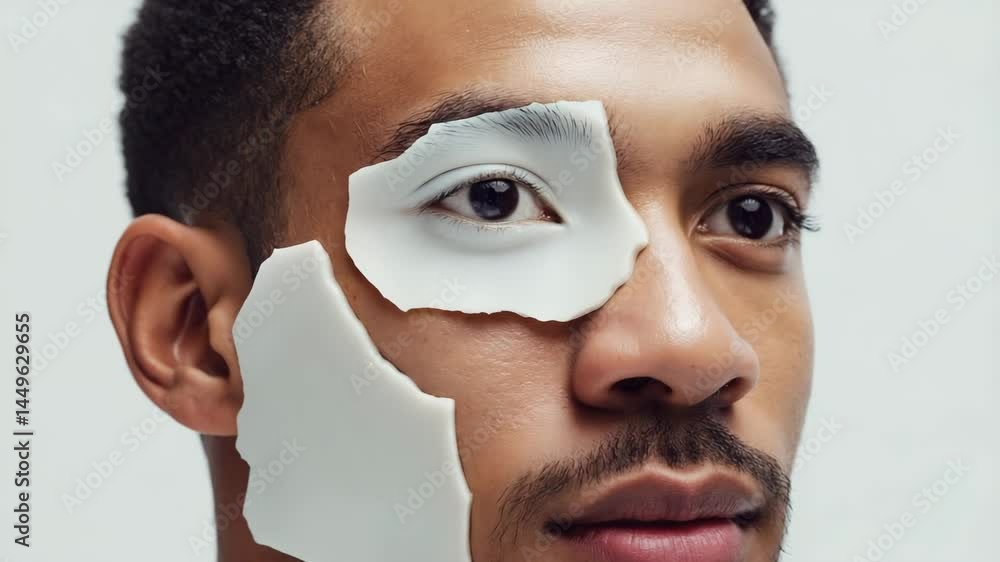 Poster portrait of a man with broken porcelain fragments replacing parts of his face. sharp edge contrast, 