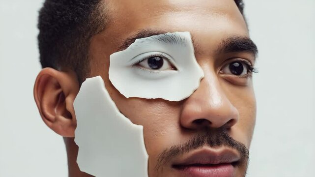 Portrait of a man with broken porcelain fragments replacing parts of his face. Sharp edge contrast, symbolic fragility, clean negative space.

