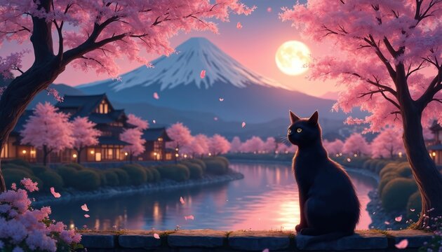 Black cat sits alone in japanese garden under cherry blossoms trees at night. Fuji mount, moon, traditional houses with water reflection create magical landscape. Cute anime cartoon animal art,
