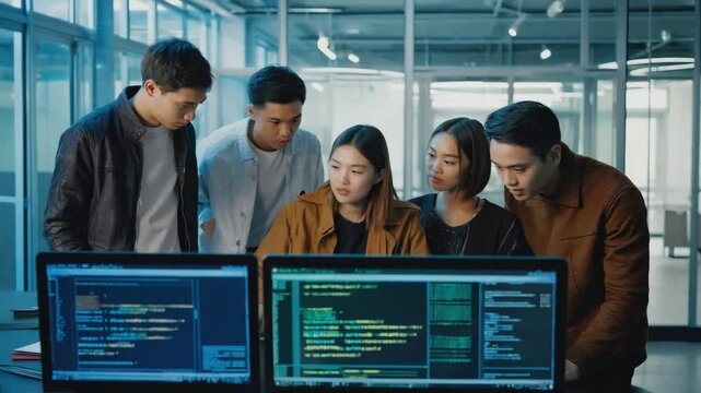 Mixed age group coding together on laptops in modern STEM center. Creative teamwork, startup energy, bright workspace.




