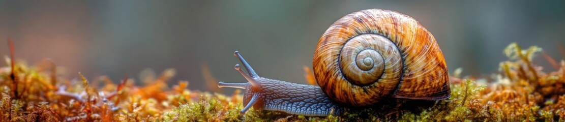 Snail crawling on moss in forest. Nature background