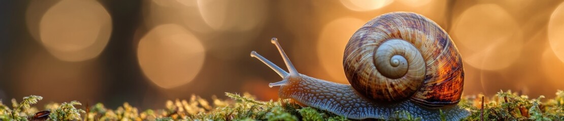Snail on moss, bokeh background, nature macro