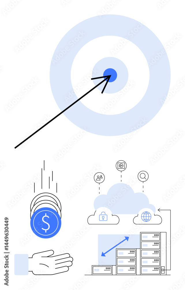 Poster arrow hitting a target, coins falling into a hand, cloud computing symbols, and server stacks. ideal