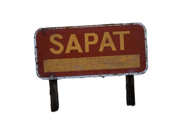 Rusty Red and Yellow Metal Sign with Text on Transparent Background