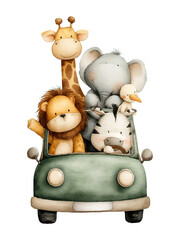 Cute watercolour illustration of safari animals riding in a green car, including giraffe, elephant, lion, zebra, and bird, isolated with transparent background