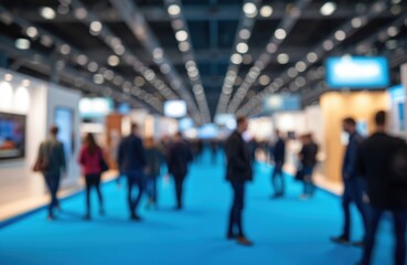 Blurred indoor exhibition hall. Many visitors explore pavilions. Trade show displays cars, home appliances, tech gadgets, food items. Business, marketing event on blue-carpeted show floor. Tech,