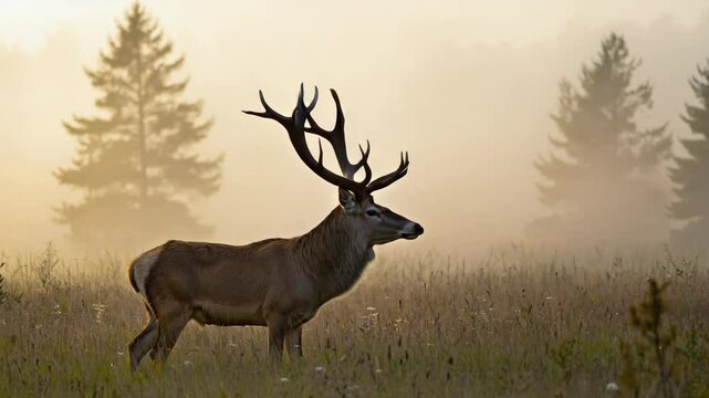 Red deer standing proudly in misty meadow at sunrise with antlers catching golden light. Early morning fog, regal posture, calm wilderness.

