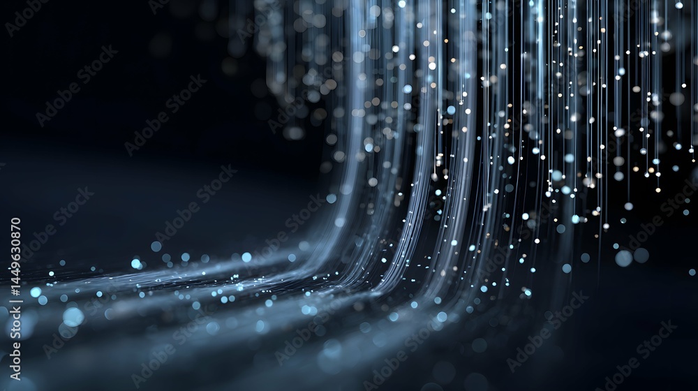 Poster vivid, luminous data cascade symbolizes dynamic technological innovation.