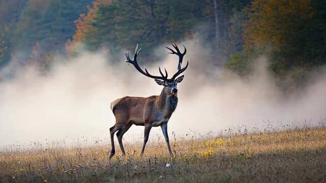 Red deer standing proudly in misty meadow at sunrise with antlers catching golden light. Early morning fog, regal posture, calm wilderness.

