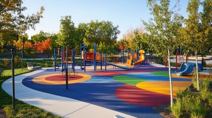 Colorful playground with vibrant play structures amidst lush autumnal trees.