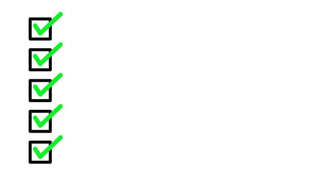 Animated checklist with green checkmarks on white background, productivity and task completion, 4k