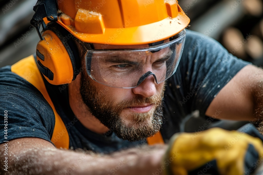Poster carpenter wearing protective gear is using a power tool in workshop