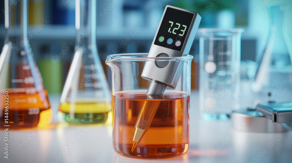 Aufkleber ph meter in liquid beaker with lab glassware in background for pharma production line testing and qu