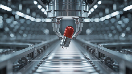 Pharma production line with robotic arm handling capsule in clean industrial environment ensuring precise manufacturing process