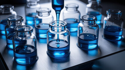 Pharma production line with glass vials filled with blue liquid and dropper adding fluid in controlled environment for precise manufacturing