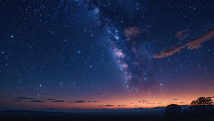 山の向こうに見える星空と天の川、夜景