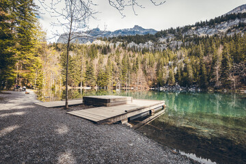 Tourist discovery of the green lake of Passy and Chamonix, Mont Blanc, in Haute-Savoie, France