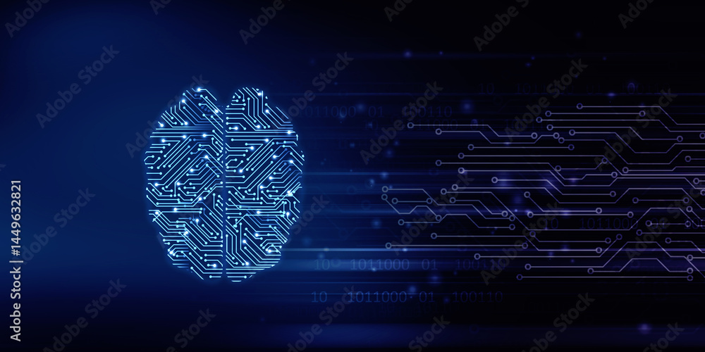 Poster 2d illustration concept of thinking, background with brain, abstract artificial intelligence. techno