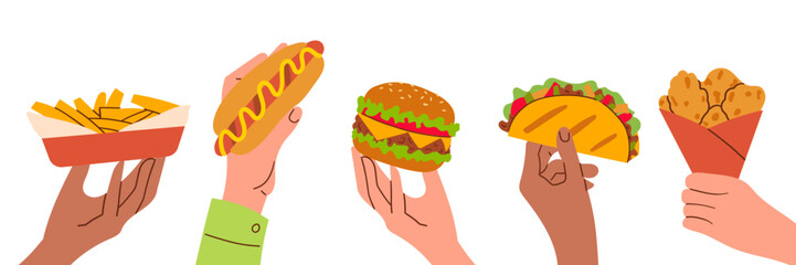 Hands holding fast food items on white background. Vector illustration hand drawn flat street food illustration for banner , menu or poster card food design .