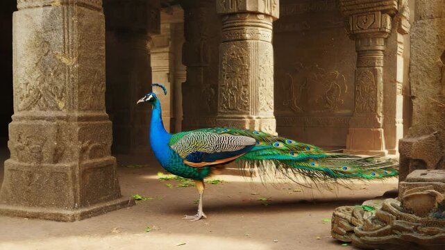 Peacock walking through ancient temple ruins with tail slightly open. Regal movement, cultural background, vivid contrast.


