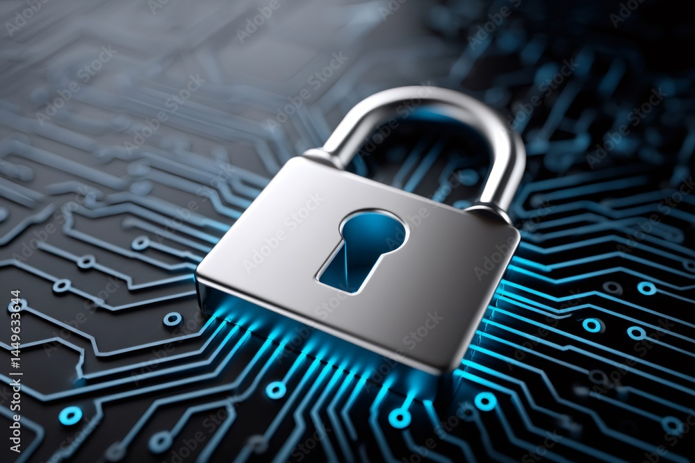 Poster Padlock protecting digital data on circuit board symbolizing cybersecurity