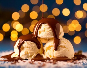 ice cream balls on a flat surface dark colored drizzled with chocolate bokeh background