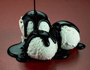 ice cream balls on a flat surface, dark in color, covered with chocolate