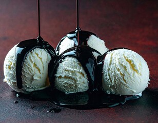 ice cream balls on a flat surface, dark in color, covered with chocolate