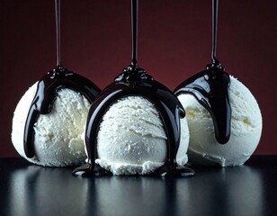 ice cream balls on a flat surface, dark in color, covered with chocolate