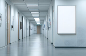 Mockup poster on wall in hospital corridor. Empty white A4 paper for text, ad, presentation, advertising, marketing. Medical center clinic interior. No people, blur background.