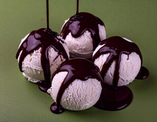 ice cream balls on a flat surface, dark in color, covered with chocolate
