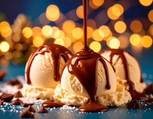 ice cream balls on a flat surface dark colored drizzled with chocolate bokeh background