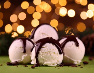ice cream balls on a flat surface dark colored drizzled with chocolate bokeh background