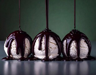 ice cream balls on a flat surface, dark in color, covered with chocolate