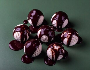 ice cream balls on a flat surface, dark in color, covered with chocolate