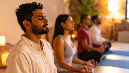 Fototapeta premium Meditation session for mindfulness practitioners yoga studio wellness event serene environment close-up viewpoint stress relief concept