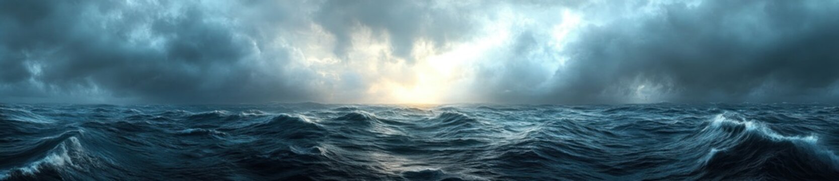 Stormy ocean panorama, waves crashing, sunset. Nature background