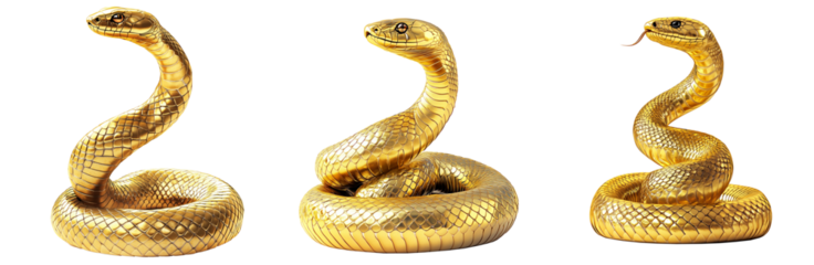 Coiled golden snake sculpture with detailed scales isolated on white transparent background, reptiles or wildlife, symbolizing Chinese Lunar New year