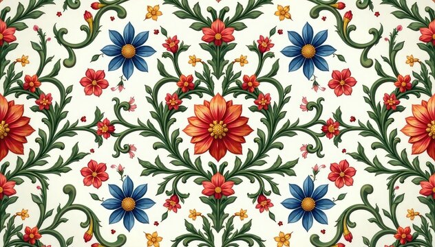 Fototapeta Elegant floral damask pattern, intricate swirling vines & blooms , style, bloom