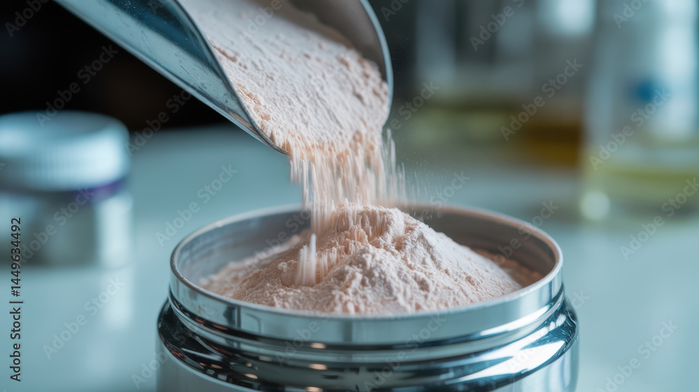 Poster pharma powder being poured into container on production line in laboratory setting with focus on fin
