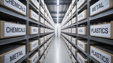 Obraz premium Pharma production line storage with organized shelves holding boxes labeled chemicals metal and plastics in clean industrial warehouse aisle