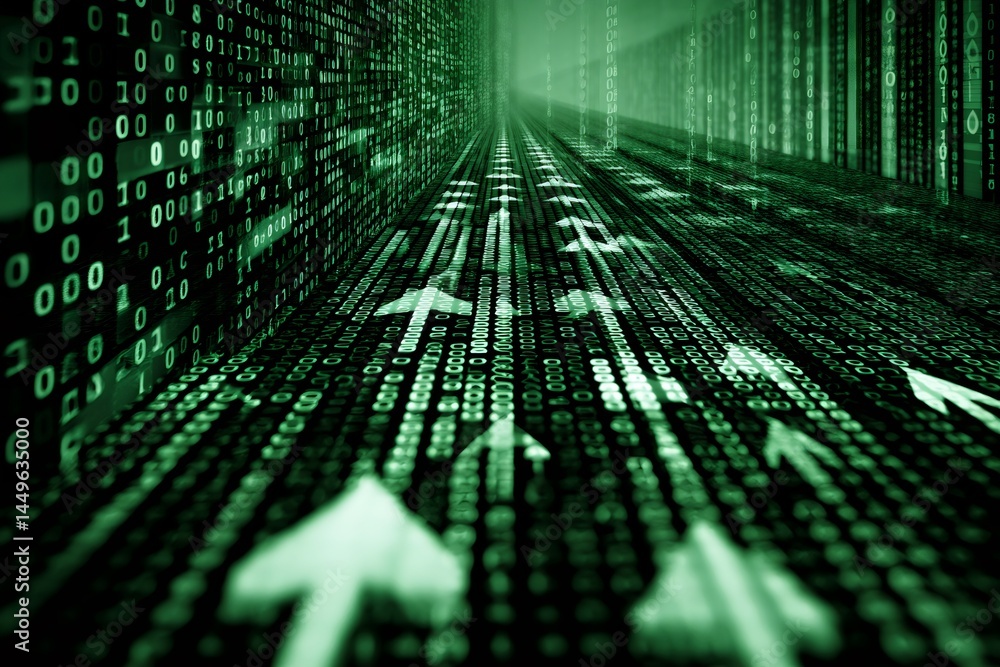 Leinwandbilder Binary code stream flowing with upward arrows symbolizing data transfer