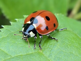 Fototapeta premium Macro Photography of Ladybug on Leaf, Nature Insect Closeup